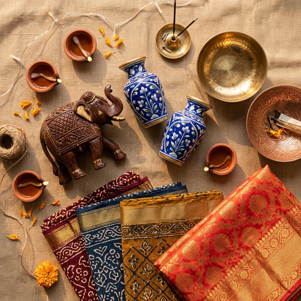 Collection of premium Indian handicrafts including carved wooden figurines, blue pottery, brass bowls, and silk textiles